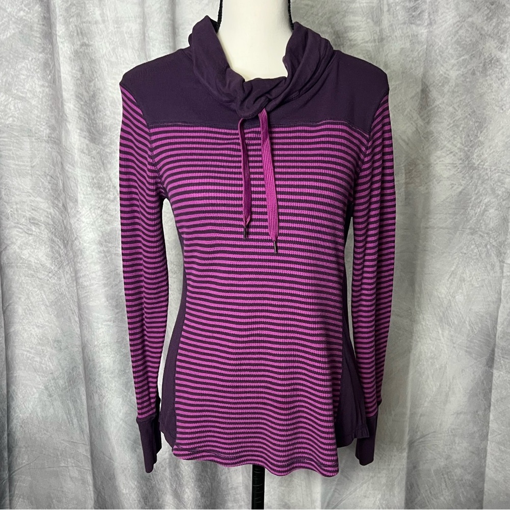 Purple & Wine Striped Women's Cowl Neck Drawstring Long Sleeve Thermal - MED